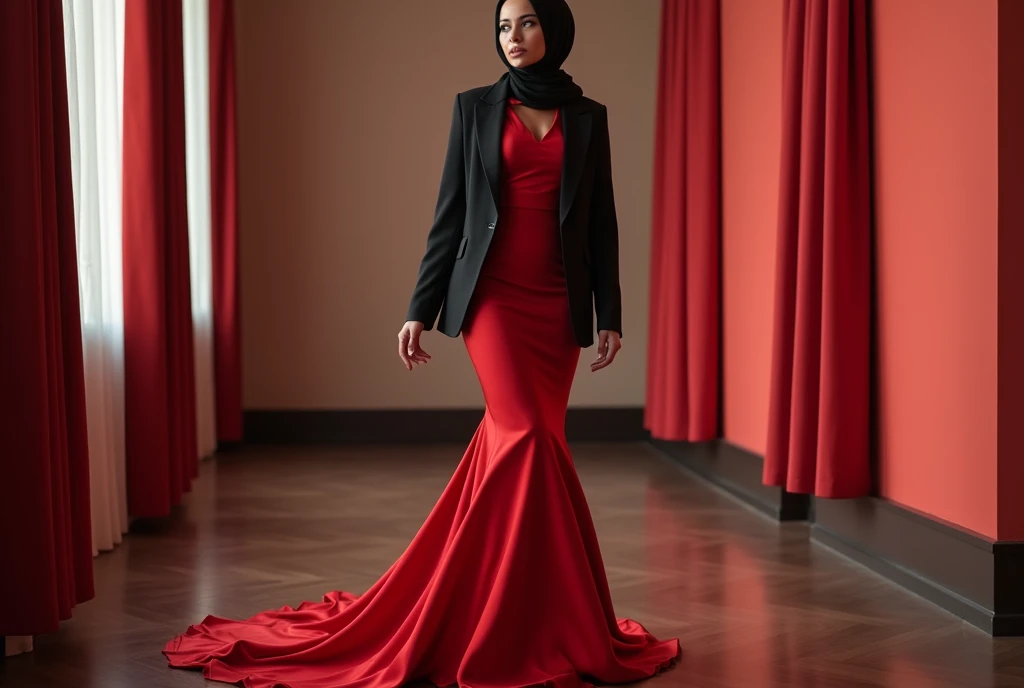 a woman in the translucent silk red gown, wear black blazer, satin sheet, nipple on with nipple piercing, wear modern hijab, full body, long satin, red satin mermaid tight long gown, flowy dramatic long gown, tall women, in office room, strugle to walk, wear high heels, masterpice
