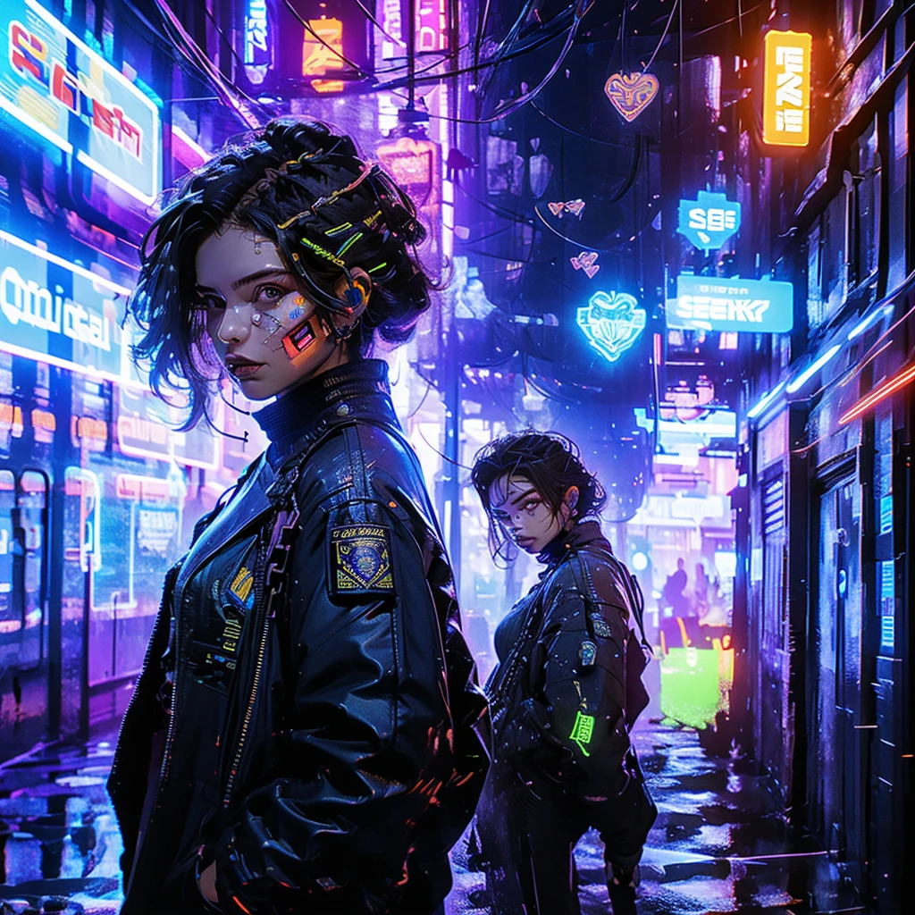 electrifying image, cyberpunk world, a sexy expert hacker girl in action wearing a futuristic bodysuit, connected to a futuristic wired holographic interface, no processo de hacking, a dystopian machine structure with wires is connected to his head, connected to the network, Netrunner, neon lights, cascading lines of code, and futuristic technology in the background, bold high-tech atmosphere, causing chaos in the corporate network, glitches, alarms, and digital distortions emanating from the breached system, police officers surrounding her pointing their guns at her, assalto cyberpunk, hacker cyberpunk, Digital underworld