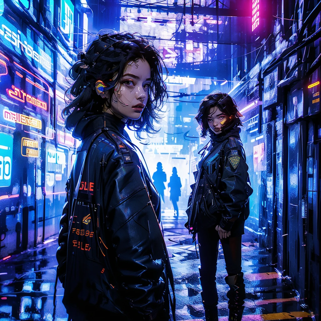 electrifying image, cyberpunk world, a sexy expert hacker girl in action wearing a futuristic bodysuit, connected to a futuristic wired holographic interface, no processo de hacking, a dystopian machine structure with wires is connected to his head, connected to the network, Netrunner, neon lights, cascading lines of code, and futuristic technology in the background, bold high-tech atmosphere, causing chaos in the corporate network, glitches, alarms, and digital distortions emanating from the breached system, police officers surrounding her pointing their guns at her, assalto cyberpunk, hacker cyberpunk, Digital underworld