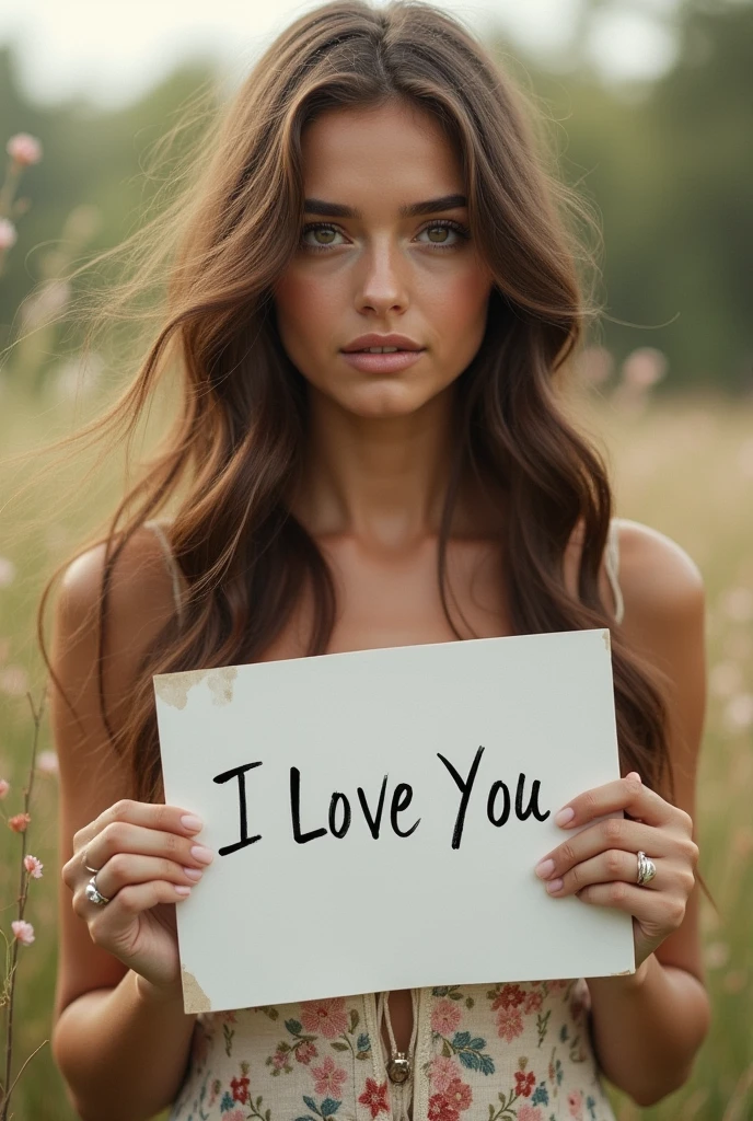 Beautiful girl with wavy long hair, bohemian dress, holding a white board with text "I Love you" and showing it to the viewer