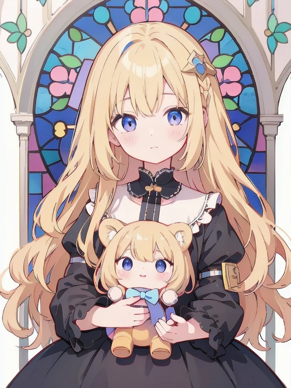 Highest quality、masterpiece、Detailed illustrations、Detailed face and eye depiction、Eye highlights、A young girl around 12 years old、Long wavy blonde hair、dress、Stained glass、stuffed toy