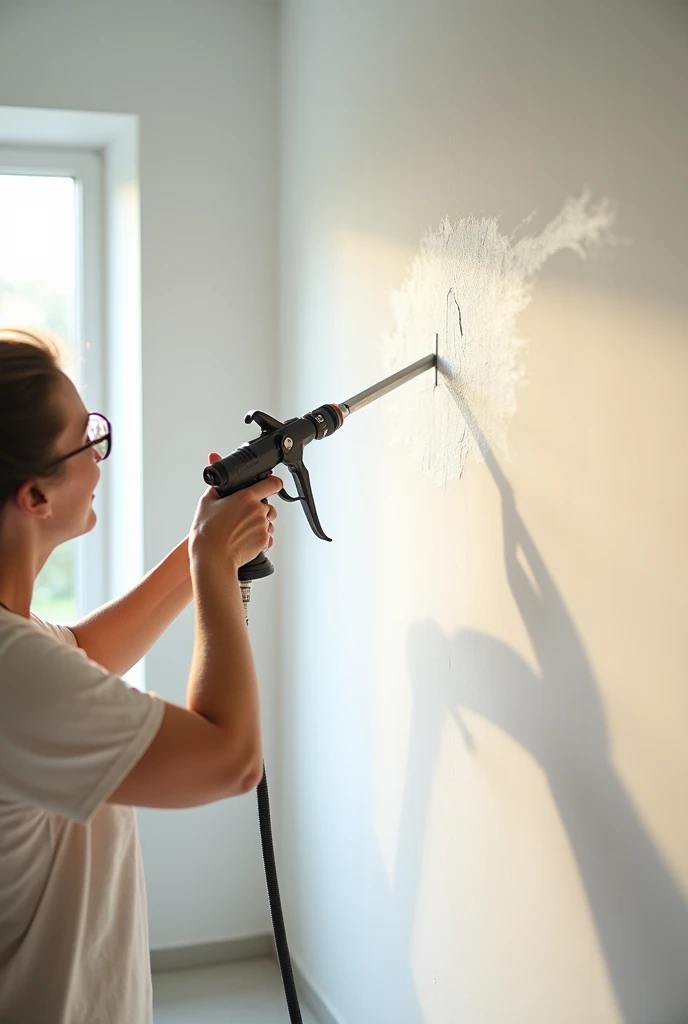 Painting a wall with a spray gun in a room with natural light