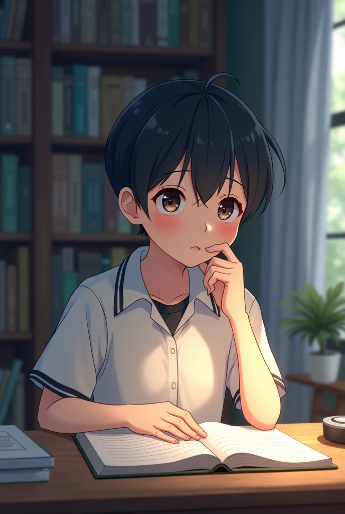 An anime boy studying while listening to relaxing music