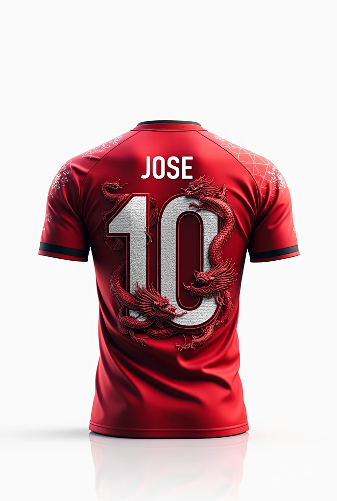 A football shirt with the number 10 on the BACK with the colors white and red with dragons passing through the number 10 with a white background without a player with the name JOSE a little large below the number 
