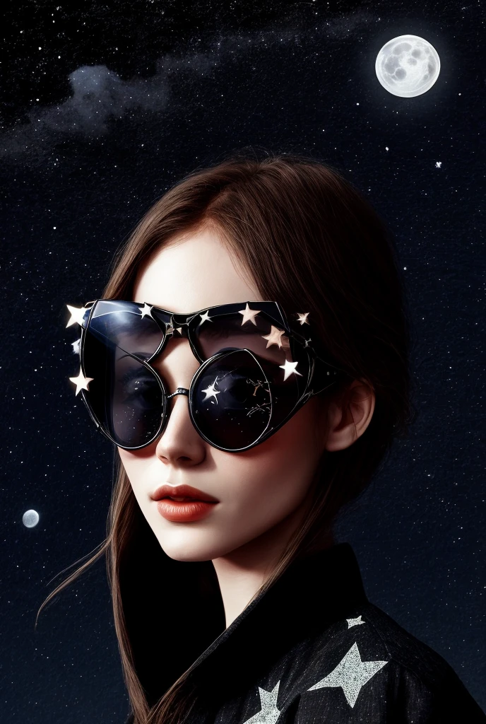 The model is wearing glass sunglasses with stars and the moon on the glass