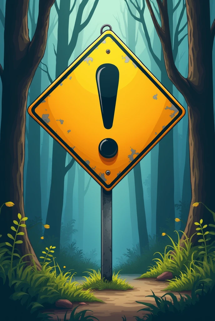 Create a traffic sign with the exclamation symbol, cartoon style without lines, with colors without being too strong, with only one eye in the middle, and in the forest also cartoon without animals, and without bright colors, and without streets, WITHOUT BEING CUTE, and in the shape of a yellow triangle