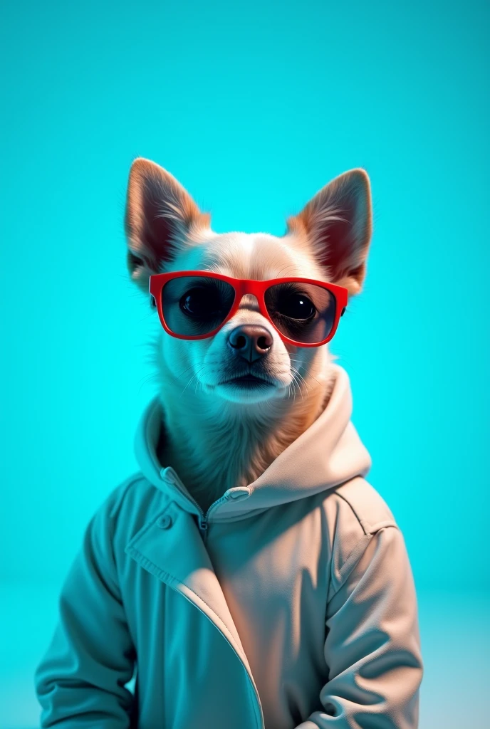 The best cell phone wallpaper, Award-Winning Wallpaper, portrait photography, In the front view is a portrait of a cute dog wearing mid-1960s space age fashion, Side view photo, Shot with Canon EOS R5, Set a strong contrast that accentuates the subject, Fluorescent blue tone, Wearing a very modern coat and sunglasses is a modern 1960s style, Clothes all in one color, beautiful background