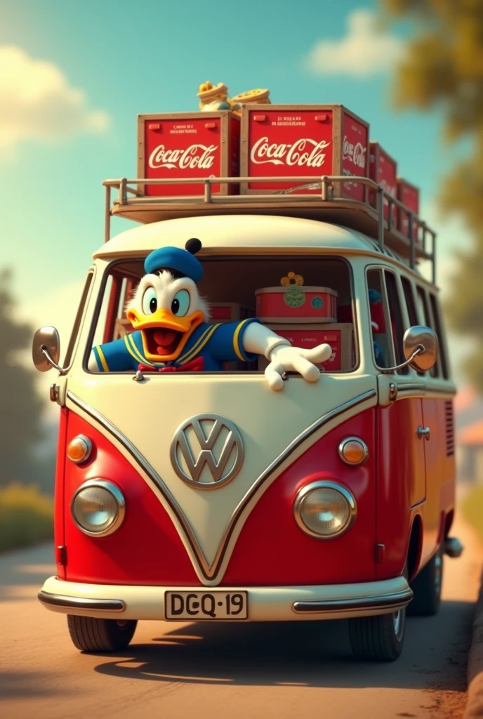 Driver Donald Duck leans out of the window of a Volkswagen minibus carrying many cases of Coca-Cola