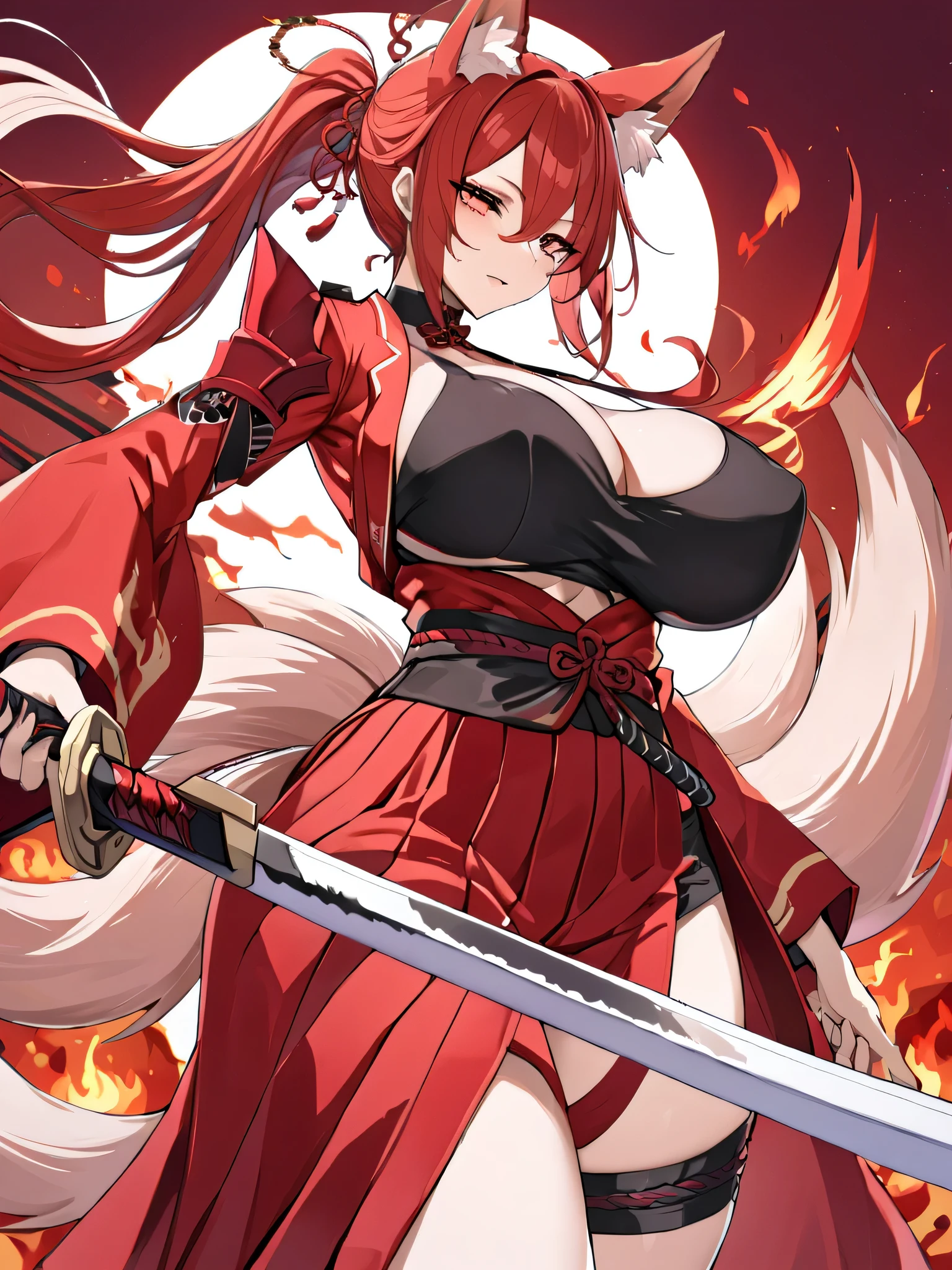  8K Best quality Best work Red long ponytail Red fox ears Nine fox tails Very large breasts Flaming Japanese sword Red jacket Long hakama Red eyeshadow on lower eyelids Red burning background Japanese style Samurai Flame hell Five fingers