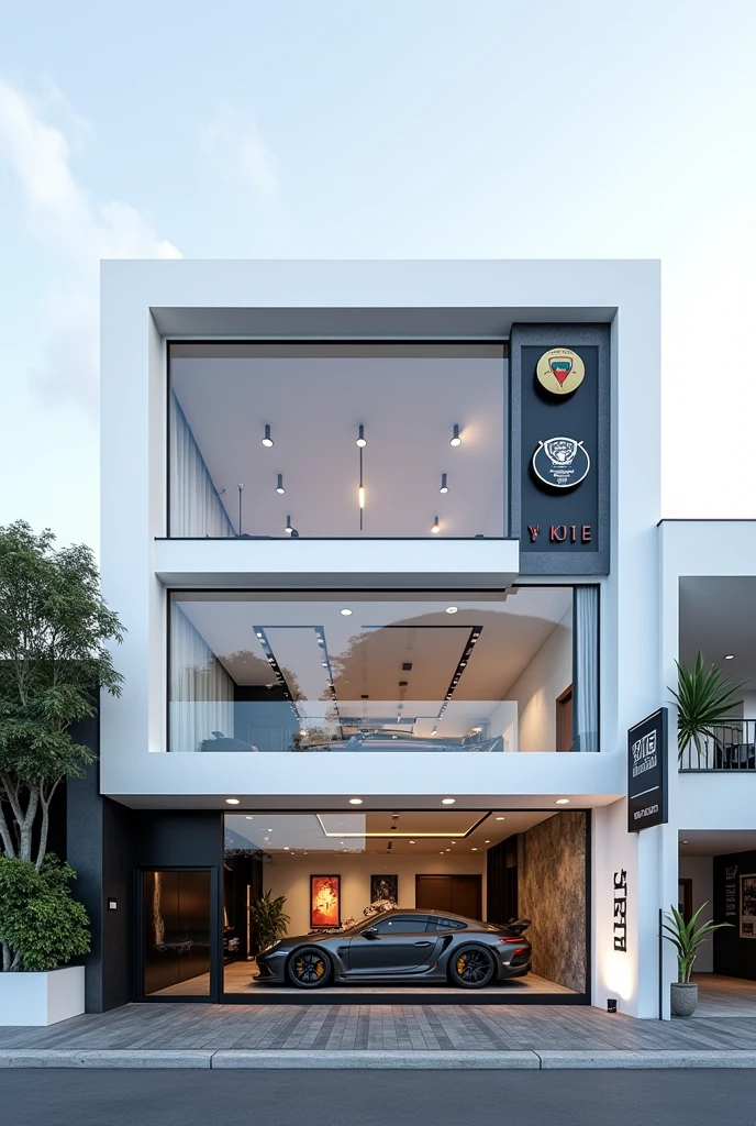 
 “A three-story car modification shop named 'The Natraj,' with a fully white building and a very beautiful aesthetic elevation. There are no glass windows at the front. At the bottom, there is a black border with a transparent square door. On the right side, there is a large transparent glass section displaying a sports car inside, and large modification flags are placed on the side."