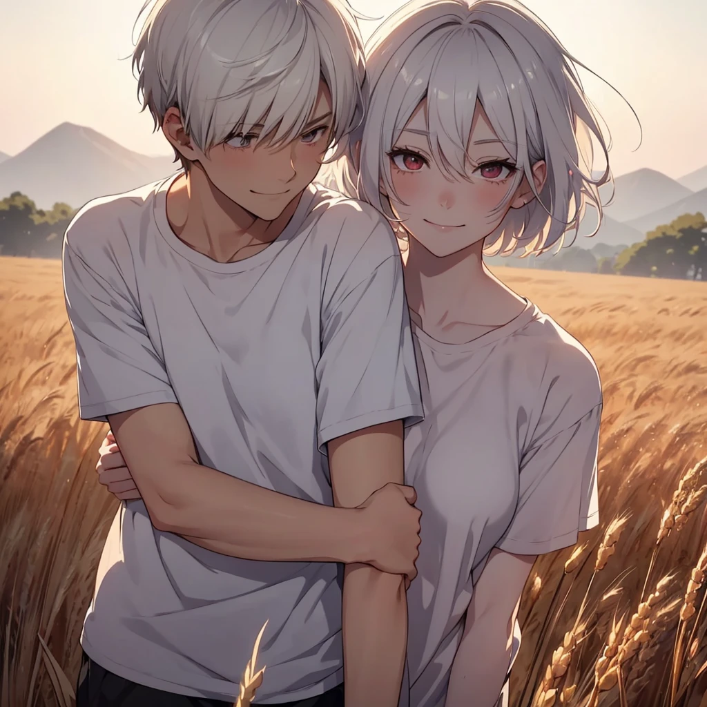 a short-haired white-haired gender female, messed by the wind, red-eyed, wearing a white t-shirt, smiling shyly, blushing face, gazing at a brown-haired gender male with black eyes, expressing a sincere smiling face, embracing each other tightly in a wheat field, gloomy evening atmosphere, realistic anime-style image with rgb lighting