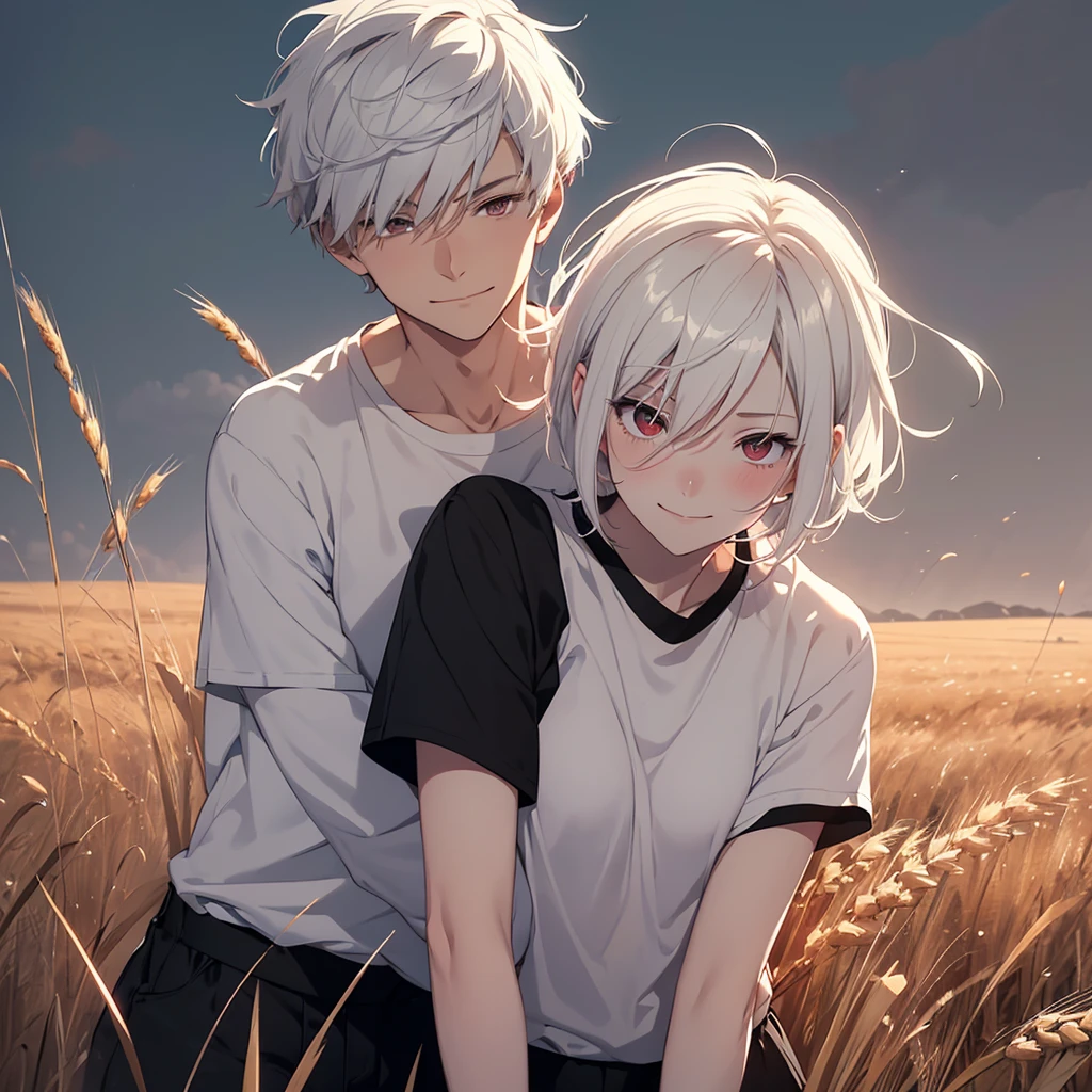 a short-haired white-haired gender female, messed by the wind, red-eyed, wearing a white t-shirt, smiling shyly, blushing face, gazing at a brown-haired gender male with black eyes, expressing a sincere smiling face, embracing each other tightly in a wheat field, gloomy evening atmosphere, realistic anime-style image with rgb lighting