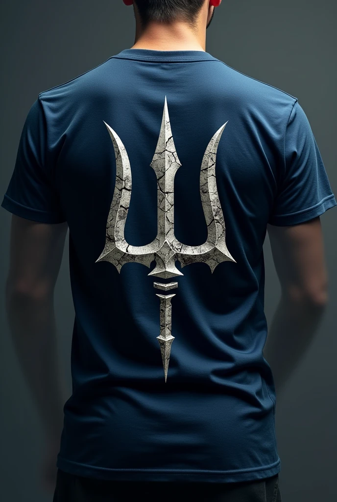 Design a trident on the back of a dark blue t-shirt, that the trident is imposing but looks like it is cracked