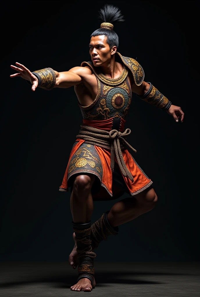 Pebrü Ancient Costa Rican warrior with Hwarang armor with the colors of the macaws without weapons is with a black background this one is doing a kick and less stocky