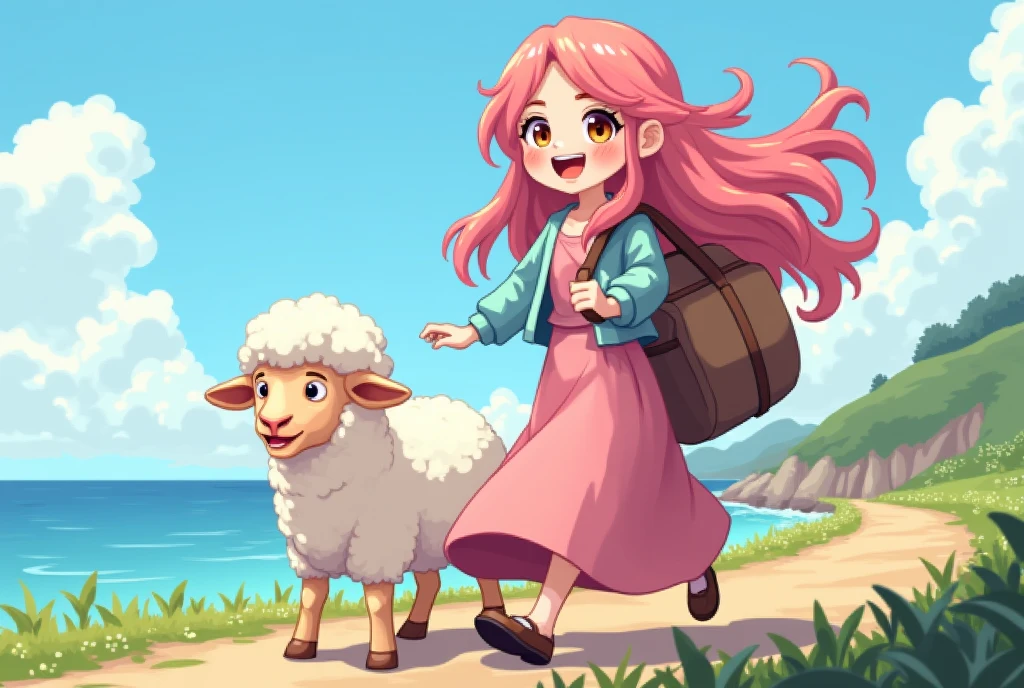 masterpiece, Highest quality, 8k, high details, Cute pixel art:1.3, Detailed and crisp, young woman, Sheep, cute, smile, Directed at an angle, Open your mouth, Fluffy long hair like sheep's wool, Pink Hair, Thick eyebrows, Pink dress, Long skirt, Light blue cardigan, Brown shoes, (trip, Walking along the coast:1.3, 大きなtrip鞄を持っている)