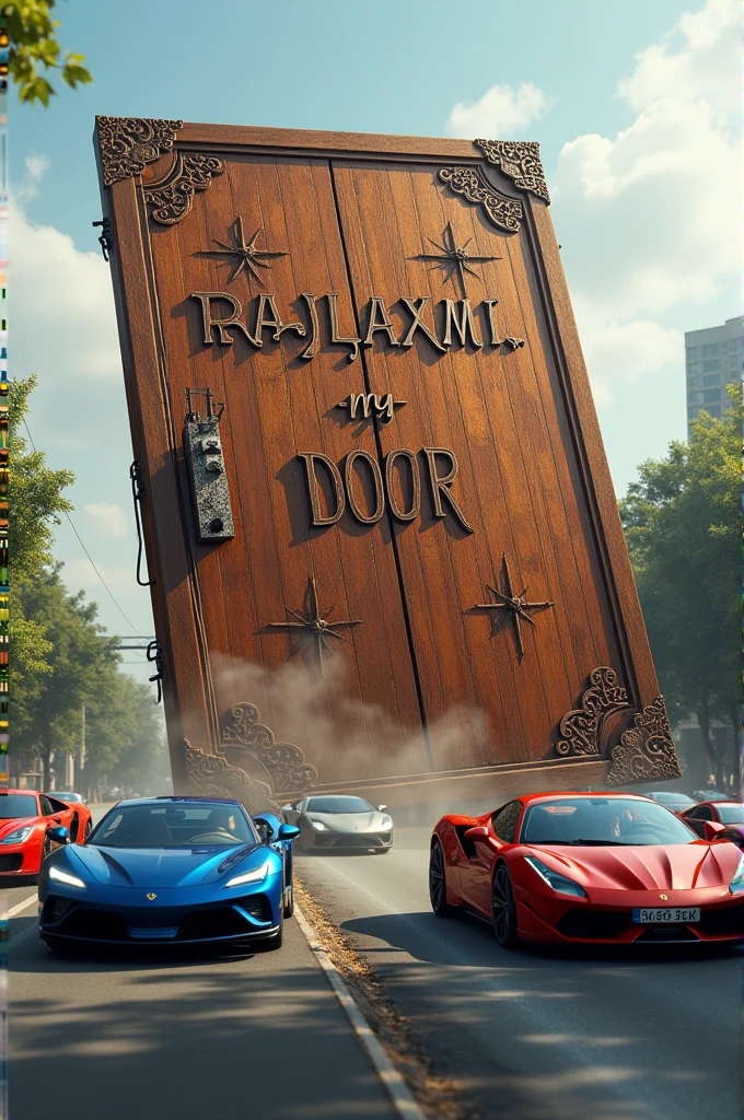 A Huge  wooden door which is fallen from sky, and road has been cracked due to fallen that wooden door, and wood door has named with 3d carved letter on it RAJLAXMI MY DOOR . And some super cars like bugati lamborghini Audi bmw and more super  cars passing away from that beautiful door