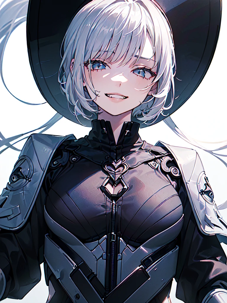 (((masterpiece, Highest quality, 1girl, 20-year-old woman, Beautiful attention to detail:1.6, Upper Body, Anatomically correct, flat lighting, futuristic suits, natural fingers, black silk hat, empty eyes, smirk, show teeth, Normal chest))), bewitching, Silver Hair, short cut