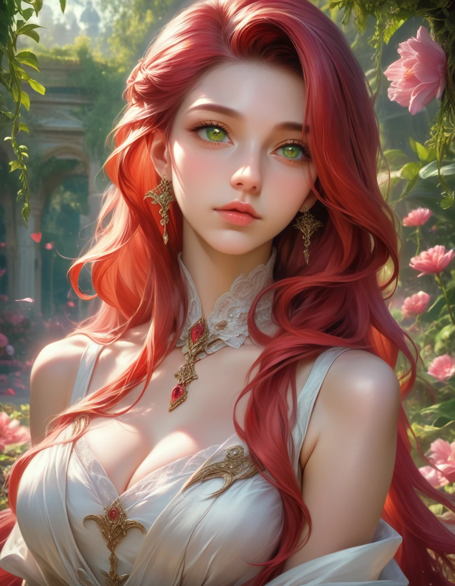 A beautiful young woman with long, flowing red hair and striking green eyes, dressed in a flowing white dress, standing in a lush, vibrant garden filled with colorful flowers and greenery, basking in warm, golden sunlight, (best quality,4k,8k,highres,masterpiece:1.2),ultra-detailed,(realistic,photorealistic,photo-realistic:1.37),detailed face and eyes, beautiful detailed eyes, beautiful detailed lips, extremely detailed eyes and face, long eyelashes, oil painting, cinematic lighting, vivid colors, fantasy, magical, elegant