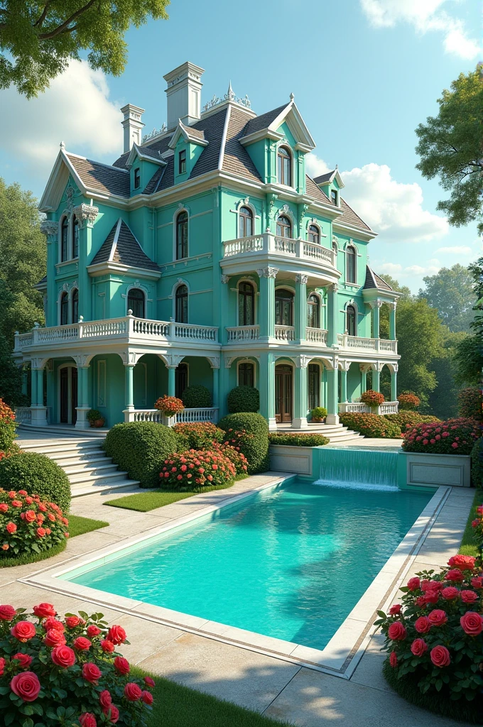 A big house that is painted aqua green that has a garden full of roses with a pool with a waterfall and that is very pretty