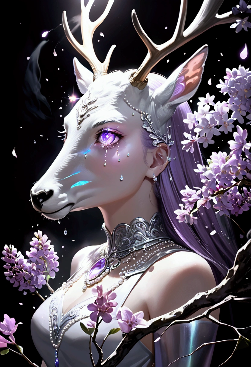 deer,Branch of delicate lilac flowers, Ultra-transparent, holy Light, beautiful spectral Light, Petals Shine, Blink, Dark Background, drops of transparent Light, reflective Light, bright, Light streaming in, Optics, Portrait Profile, Sharp focus, Magic, Complex, Ultra-realistic, Fantasy, composition, Light, Art Station Trends, Pearl, Silvery steam guardian cloud,