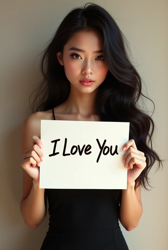 Beautiful girl with long hair, short tied black dress, holding a white board with text "I Love you" and showing it to the viewer