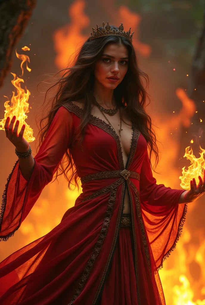 Beautiful but evil witch casting a fire spell that spells out the words "in pythonissam ultionem"