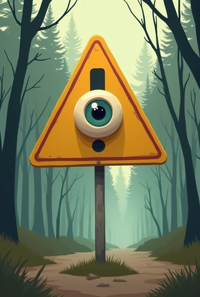 Create a traffic sign with the exclamation symbol, cartoon style without lines, with colors without being too strong, with only one eye in the middle, and in the forest also cartoon without animals, and without bright colors, and without streets, WITHOUT BEING CUTE, and in the shape of a yellow triangle