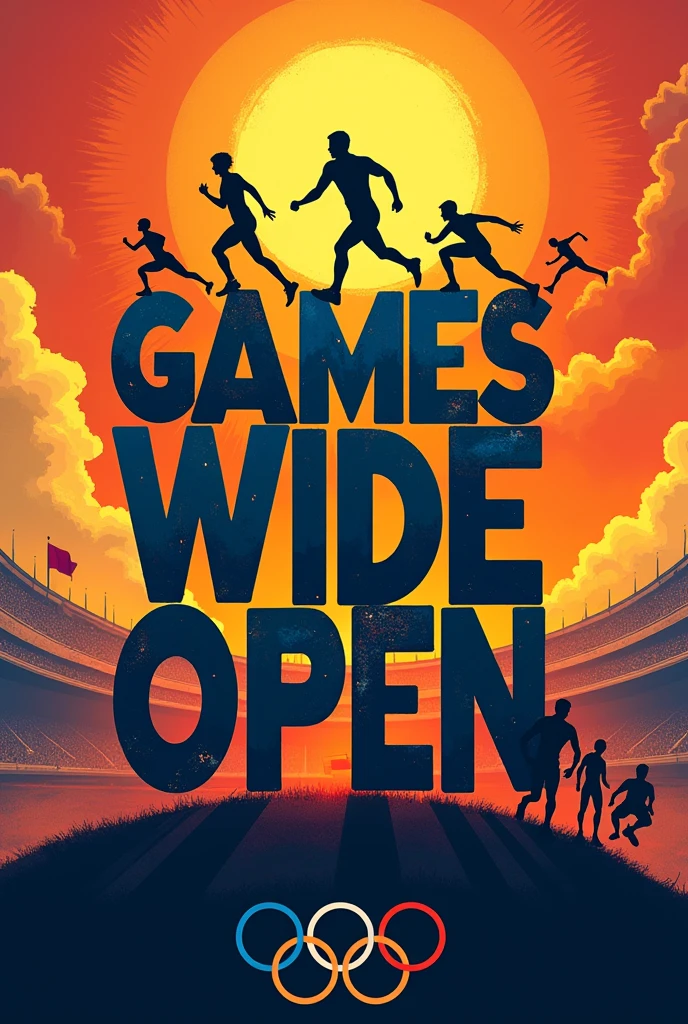 Typography Poster design, txt says "Games Wide Open", silhouette of athletes, Olympic theme, vivid, masterpiece, best quality, Professional, ultra-detailed, intricate details