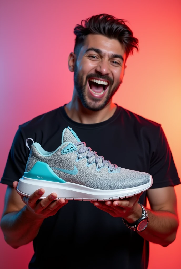 A masculine man holding a sports shoe with both hands, He is very impressed with his mouth open with the colorful background and the flashier sneakers, he is very happy and pulsating with joy