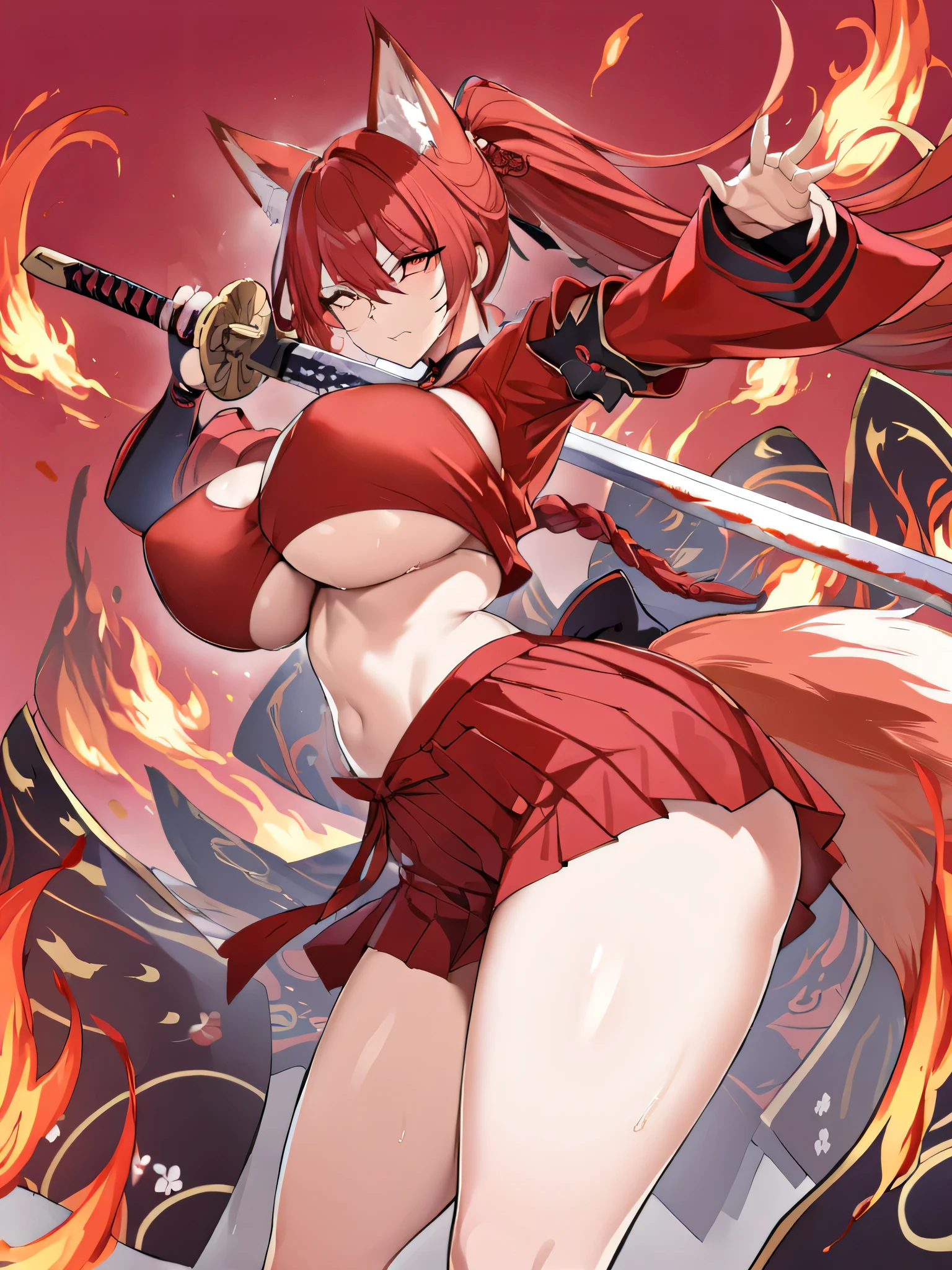 8K Best quality Best work Red long ponytail Red fox ears Nine fox tails Very large breasts Flaming Japanese sword Red jacket Long hakama Red eyeshadow on lower eyelids Red burning background Japanese style Samurai Flame hell Five fingers
