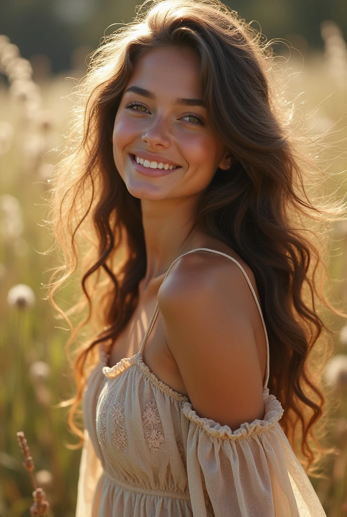 Beautiful girl with wavy long hair, bohemian dress, smiling