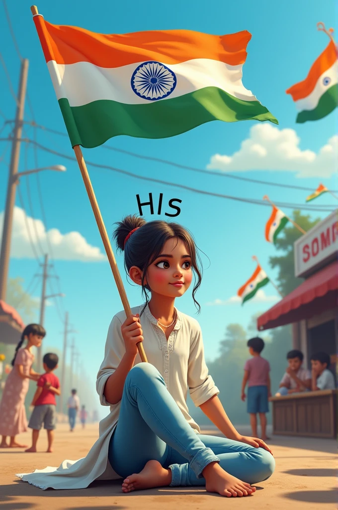 realistic 18 year old indian girl sitting carefully Holding indian flag and celebrating happy indian festival independence day with blue sky background on indian Street and girl wearing white kurta and jeans with hair style name "HIS" on top of it with the way children hold India playing flag, some children also play, and some uncles drinking tea in the shop. also the written text &quot;Happy Independence Day&quot; above, 3D art painting original photo with high resolution.”