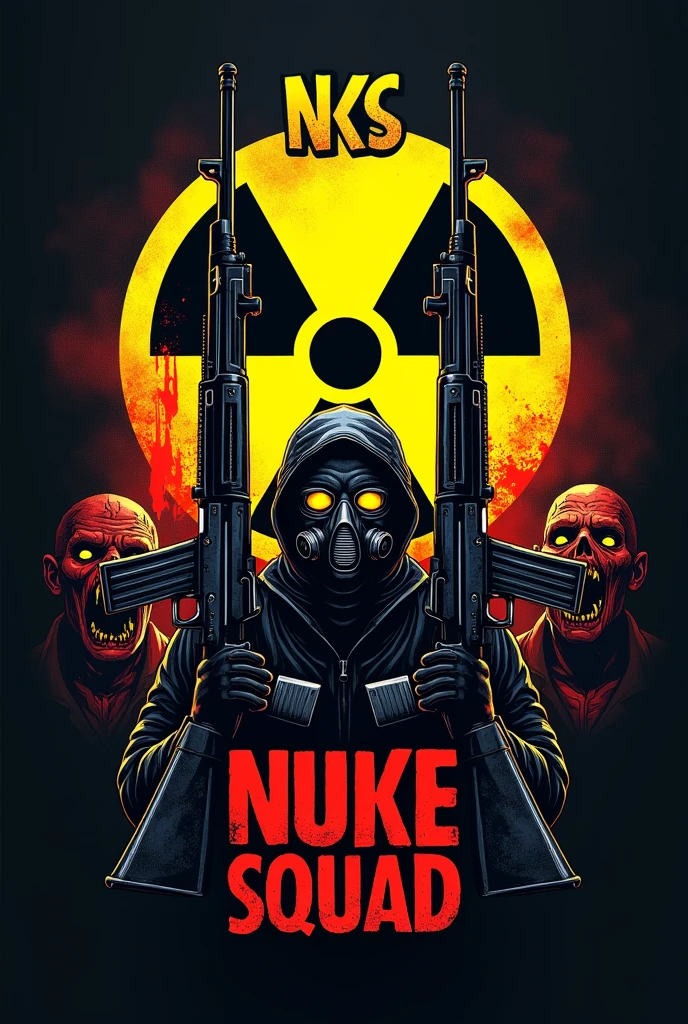 Create a logo with the nuclear radiation symbol, next to two AK47s pointed upwards. In the background a gas mask and zombies with blood. Below the logo written NUKE SQUAD, with blood source. Above the logo the acronym NKS. Realistic logo