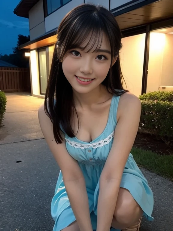 best quality, masterpiece, photo of over the knees, a Japanese pretty girl, pretty summer dress, eye contact, smile, small breast, flat chest, night beach, 