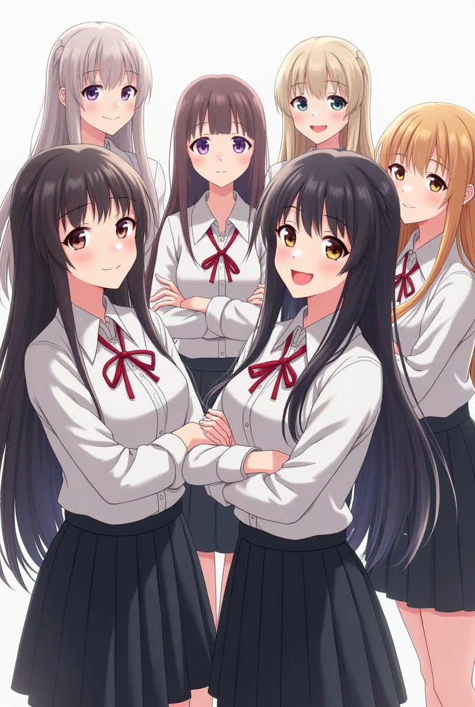 Group of school girls in white shirts and black skirts with long hair with arms crossed smiling