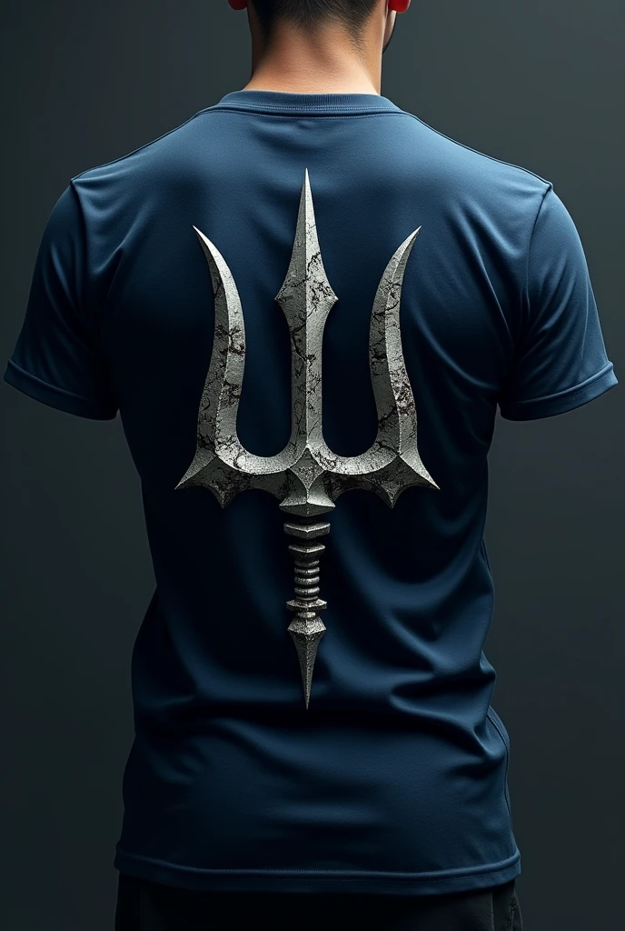 Design a trident on the back of a dark blue t-shirt, that the trident is imposing but looks like it is cracked, make it very realistic