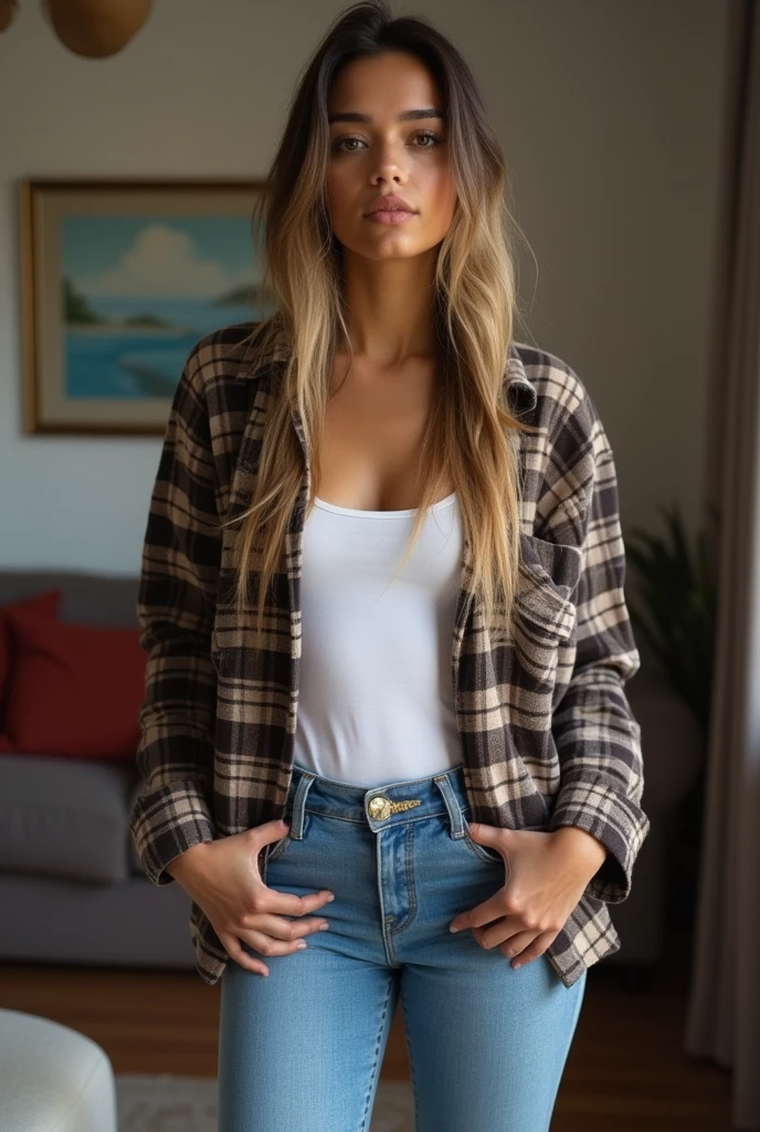 A 30 year old woman, this person does not exist, mixed race, filipino-latina, light tan skin, thin, chill expressions, long straight dark blonde hair, tomboy features, wearing an open flannel shirt with a white tanktop underneath and jeans with sneakers, standing in her living room, entire person visible, skin and pores 