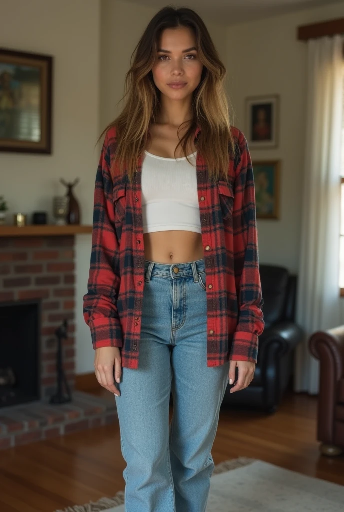 A 30 year old woman, this person does not exist, mixed race, filipino-latina, light tan skin, thin, chill expressions, long straight dark blonde hair, tomboy features, wearing an open flannel shirt with a white tanktop underneath and jeans with sneakers, standing in her living room, entire person visible, skin and pores