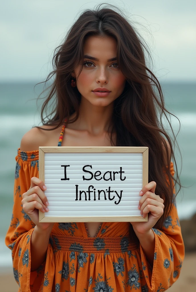 Beautiful girl with wavy long hair, bohemian dress, holding a white board with text "I Love Seaart Infinity" and showing it to the viewer