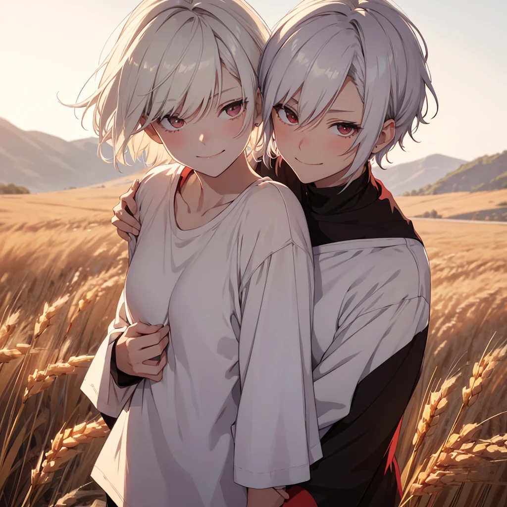 a short-haired white-haired gender female, messed by the wind, red-eyed, wearing a white t-shirt, smiling shyly, blushing face, gazing at a brown-haired gender male with black eyes, expressing a sincere smiling face, embracing each other tightly in a wheat field, gloomy evening atmosphere, realistic anime-style image with rgb lighting