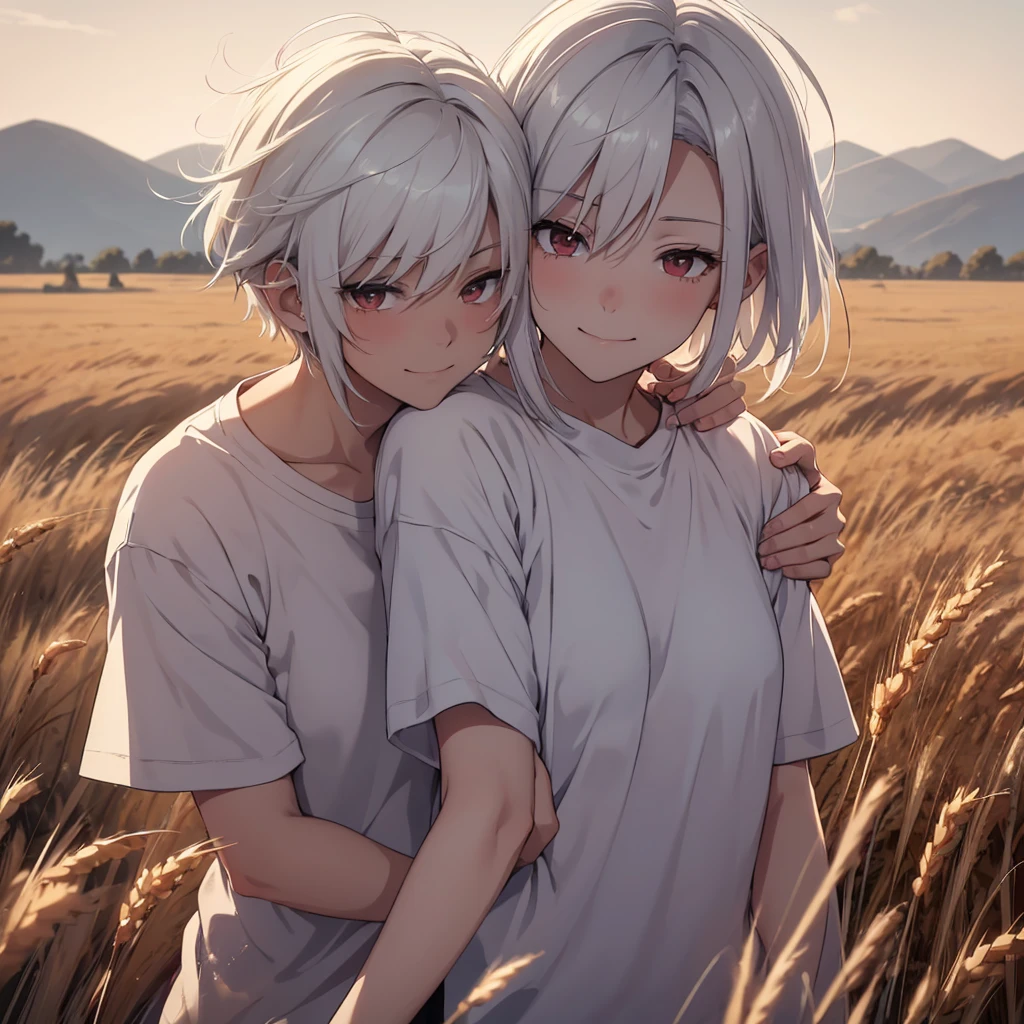 a short-haired white-haired gender female, messed by the wind, red-eyed, wearing a white t-shirt, smiling shyly, blushing face, gazing at a brown-haired gender male with black eyes, expressing a sincere smiling face, embracing each other tightly in a wheat field, gloomy evening atmosphere, realistic anime-style image with rgb lighting