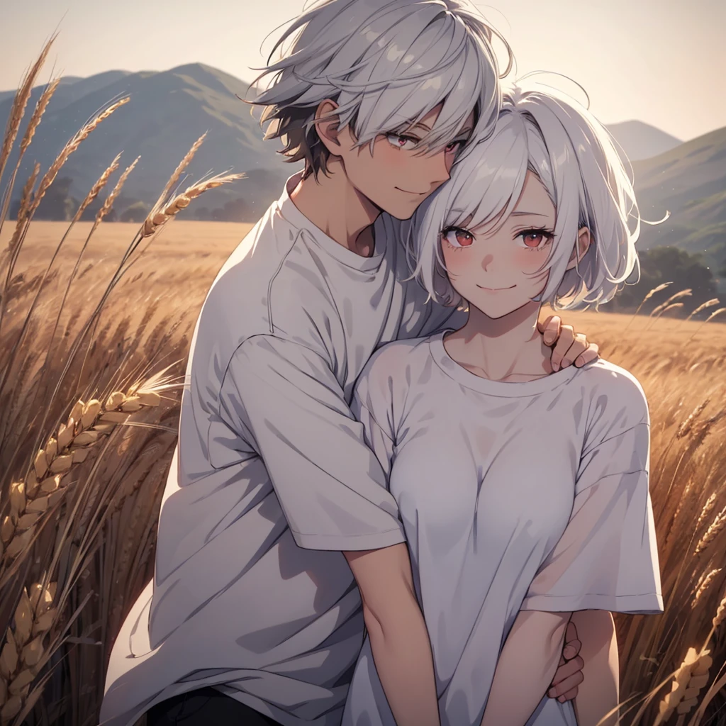 a short-haired white-haired gender female, messed by the wind, red-eyed, wearing a white t-shirt, smiling shyly, blushing face, gazing at a brown-haired gender male with black eyes, expressing a sincere smiling face, embracing each other tightly in a wheat field, gloomy evening atmosphere, realistic anime-style image with rgb lighting