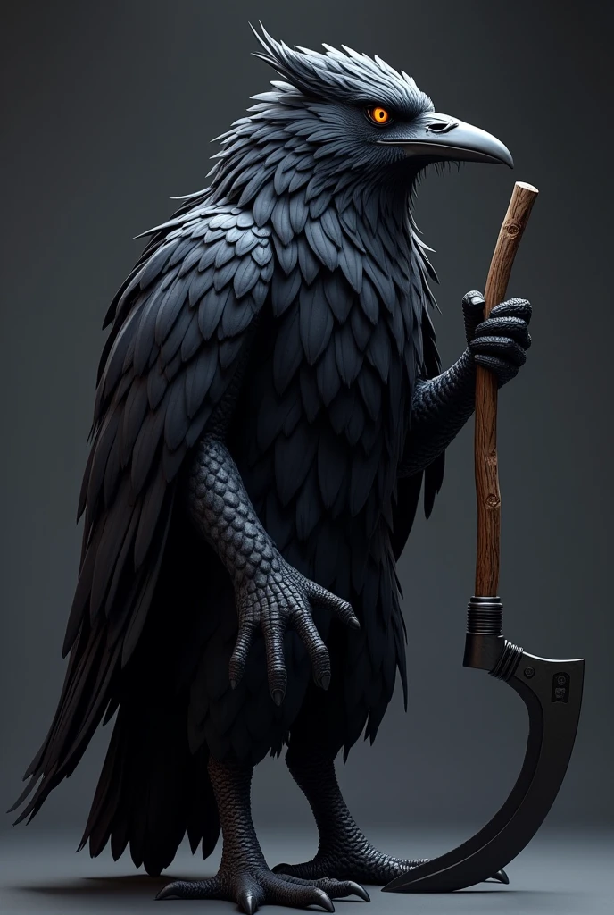 I want to create a 3d mascot, a strong and fierce black raven animal holding a scythe