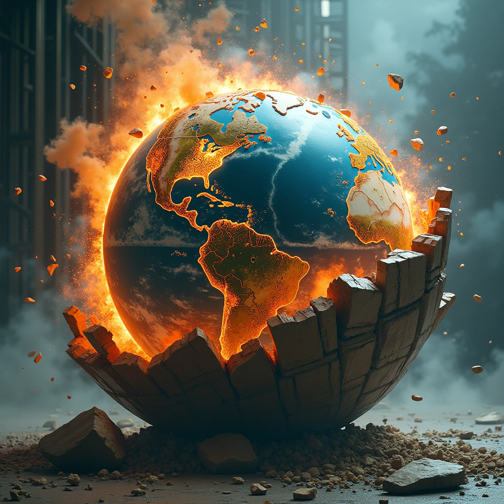 Earth globe in suporte exploding in parts