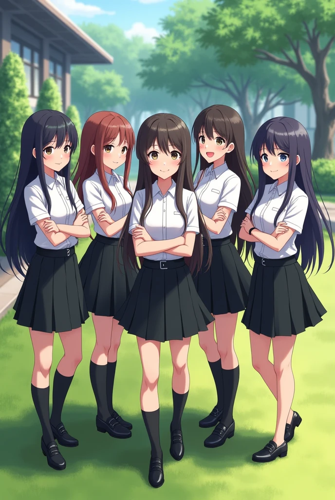 Group of school girls in white shirts and black skirts with long hair with arms crossed smiling
