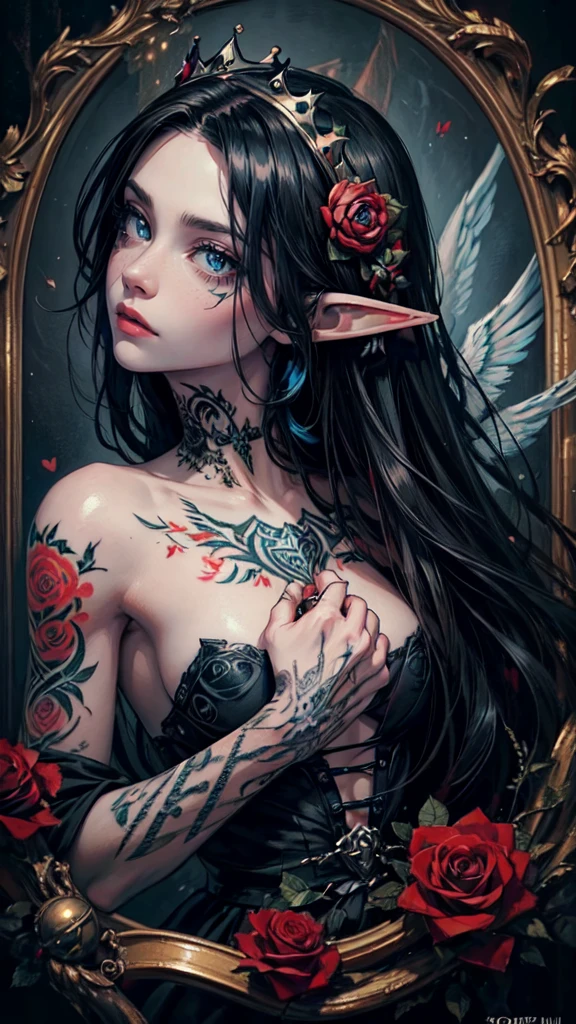 a true masterpiece depicting death angel, oil painting, imortality,, abstract, gorgeous, tattoos,crown, sad, depressing, flowers, perfect face, (tattooed body, black wings, red), blue eyes, roses,detailed face, detailed eyes, detailed hands, elf woman, hearts on her