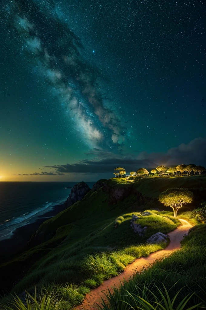 a lush eden, paradise overflowing with wildlife, emerald dunes in the distance, raging winds, a night sky clear of clouds, shimmering stars, luminous moonlight, shimmering sands of green, hyper detailed, vibrant colors, cinematic light, 8k, masterpiece, photorealistic, award winning, stunning landscape, intricate details, dramatic atmosphere