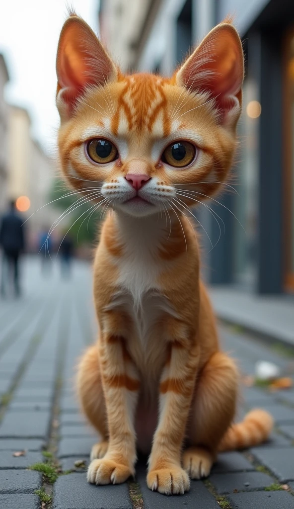 Imagine a weak cat,Humanoid hairy cat,Listless facial expression,Thin body,Standing on the city street