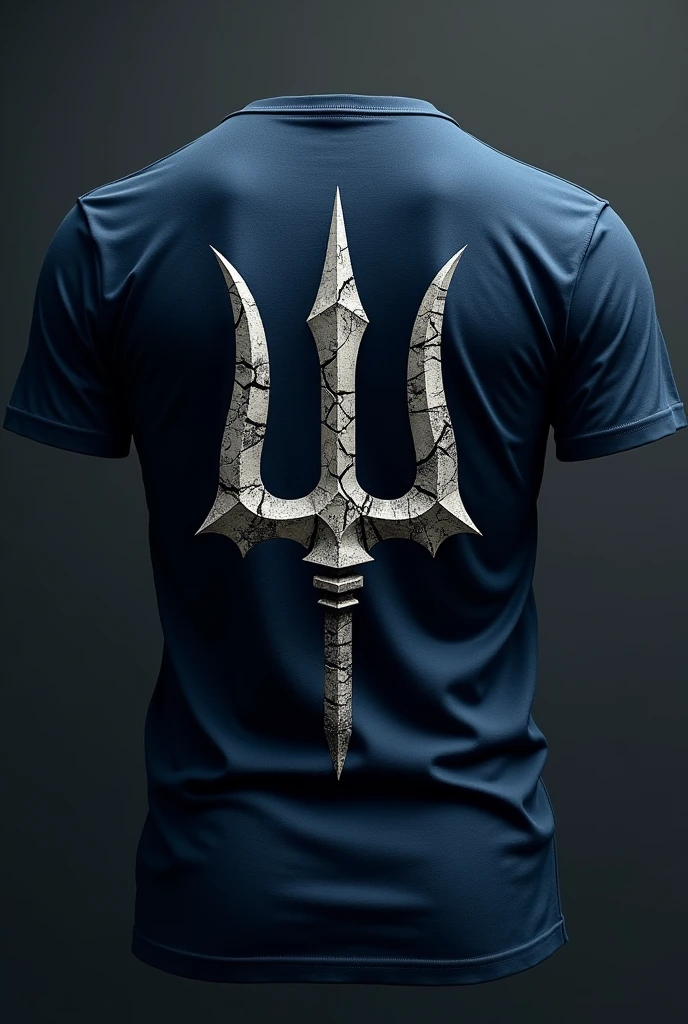 Design a trident on the back of a dark blue t-shirt, that the trident is imposing but looks like it is cracked, make it very realistic, but as a print