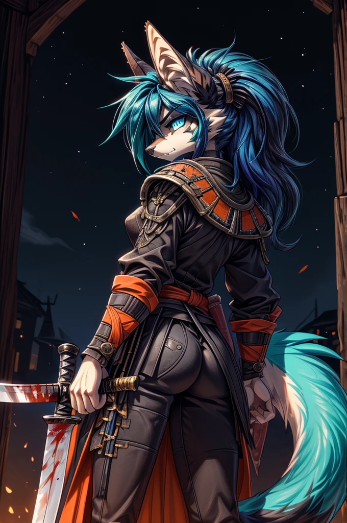 Masterpiece Best quality, the best definition to add aesthetic and lighting details, dark kitsune, Black girl jackal, teen girl, ,black body, pirate, messy hair, ((Orange hair,with blue locks)), (turquoise tail), detailed blue eyes, submissive pose, view from below, side view,(heart-shaped pupils) ((determined and rebellious)) detailed, (8k the best quality, masterpiece,(((sensual pose)), (bien detallada masterpiece mejor definicion)arms outstretched, behind the back samurai armor)((Katana in hand)), ((blood in your body),(tough girl) batllefield, corpse field, clawed legs, angry face, open mounth, sharp fangs